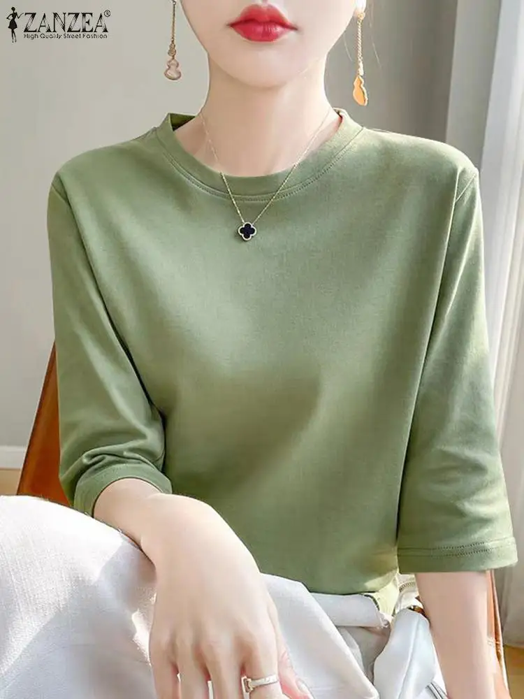 ZANZEA Women Solid  T-Shirt Elegant Half Sleeve Office Tops 2024 Summer Round Neck Basic Tunic Korean Simple Casual Loose Blusas