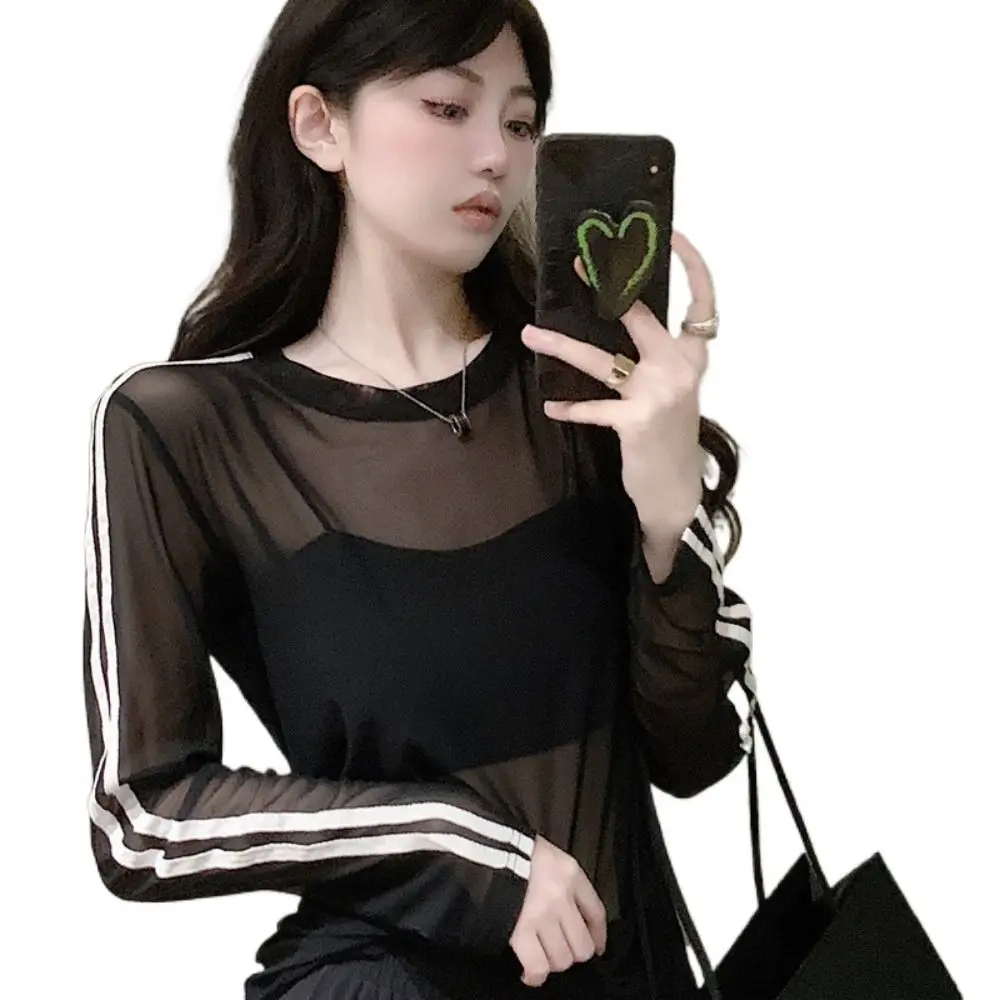 Fashion Striped Y2K Transparent T Shirts Long Sleeve Sun Protection Mesh Blouses Round Neck Korean Style Streetwear