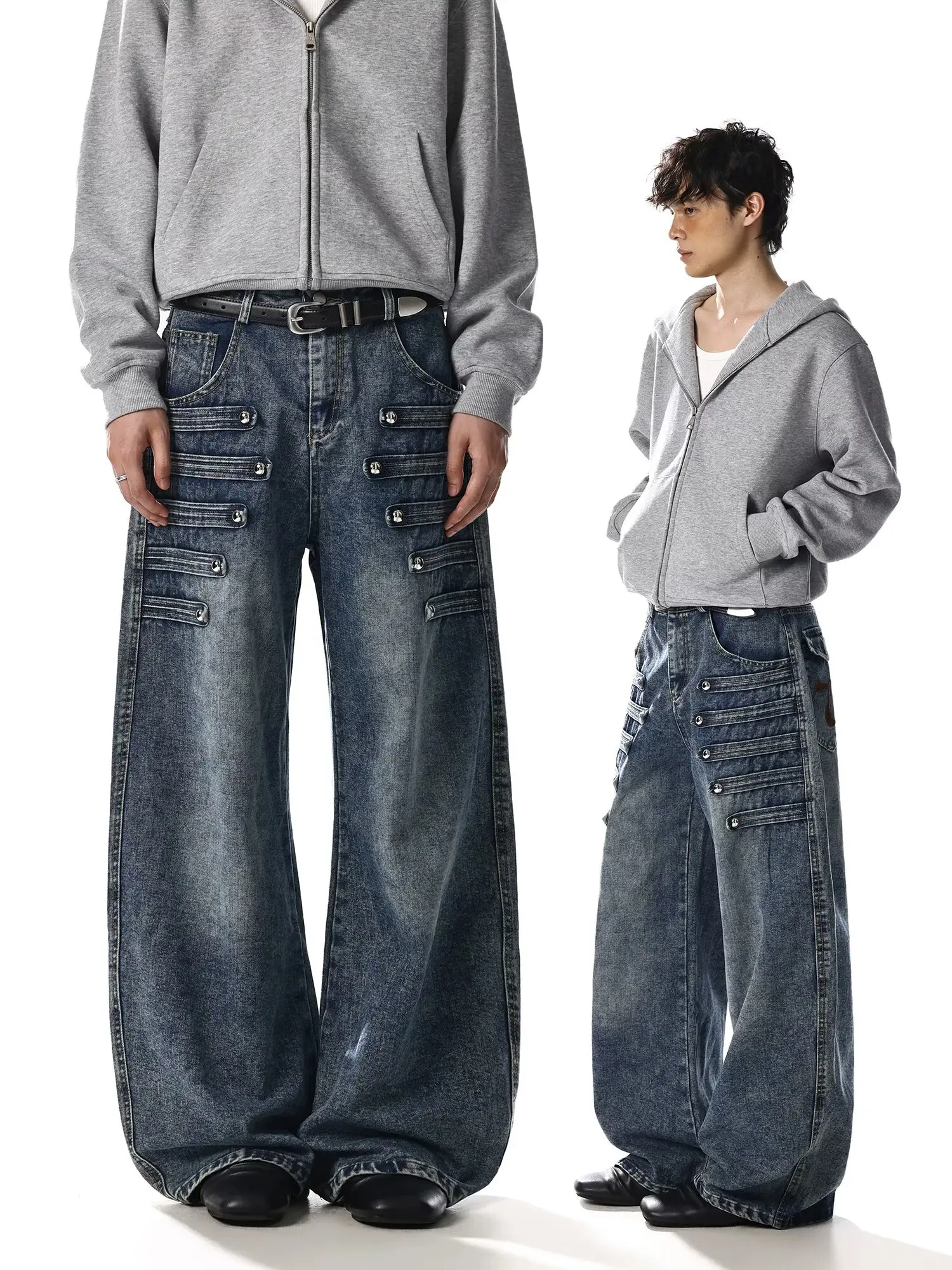 2026 Autumn High Street Style Double Side Button Design Wide Leg Jeans For Men Washed Faded Long Length Denim Pants