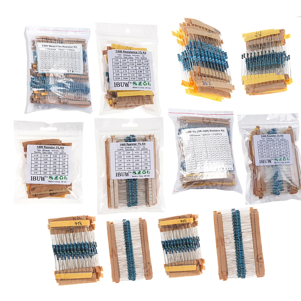 1/4W 1/2W 1W 2W 3W 0.1R~750R Resistance Set 1% Metal Film Resistor Assortment Kit 1K~820K  10K 750R 1R 1K 820K