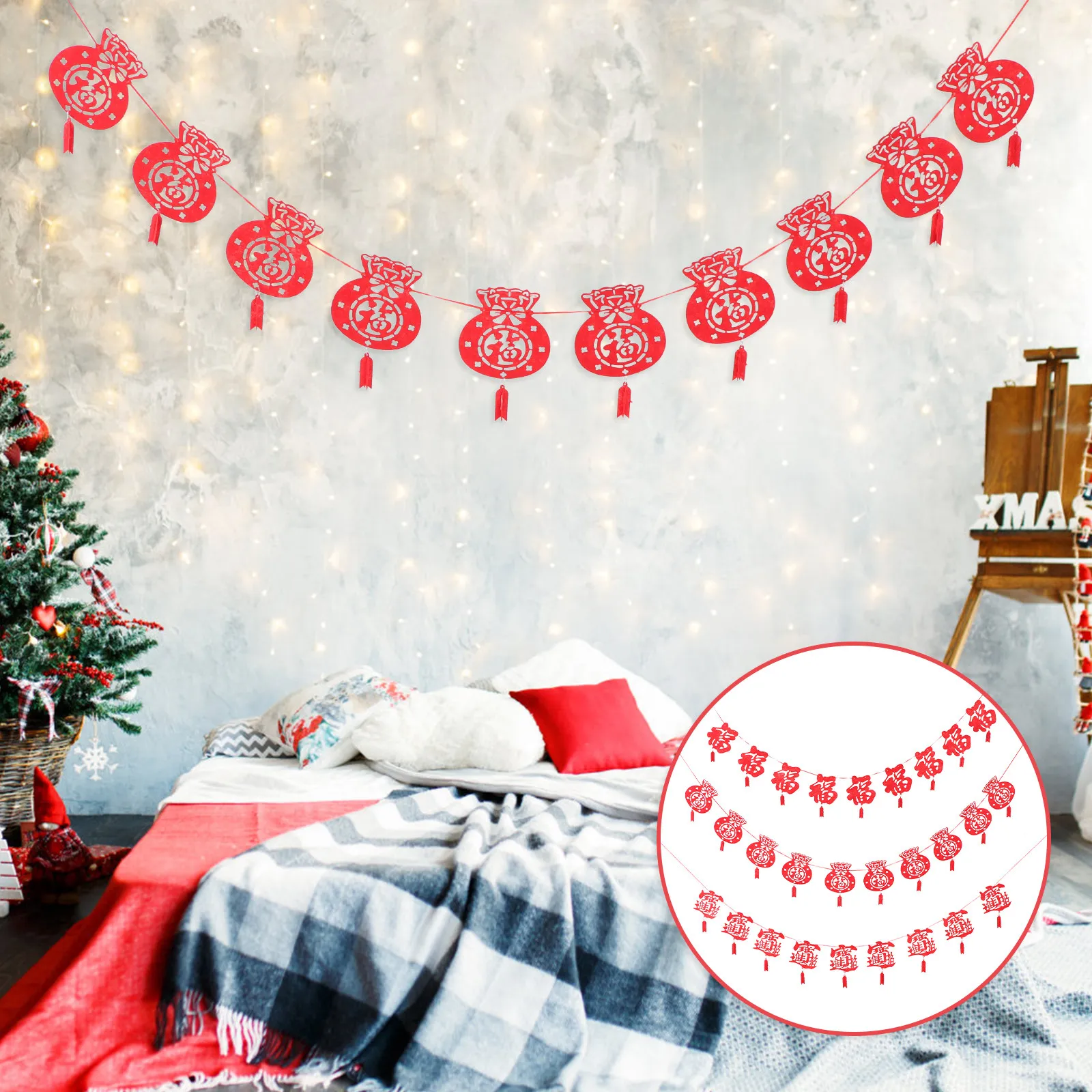3Pcs Fu Character Hanging Banners Creative New Year Party Decorations String Flags Spring Festival Supplies New Year Layout