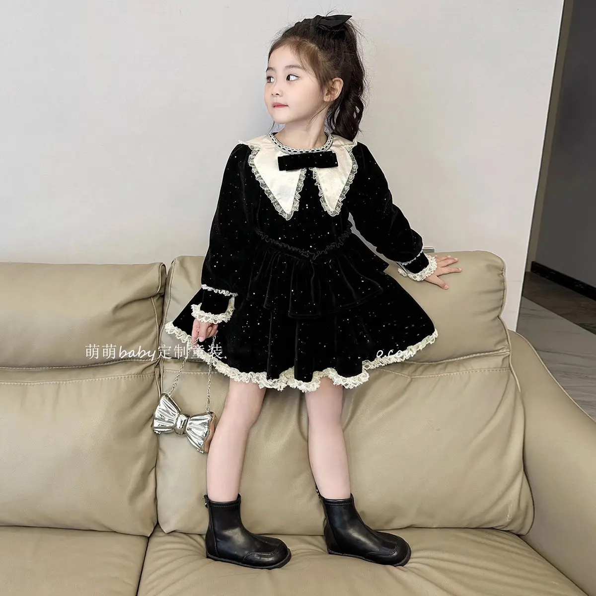 Korean Childrens Clothing 2024 Autumn and Winter New Black Bow Dress Thickened Sweet and Cute Princess Dress