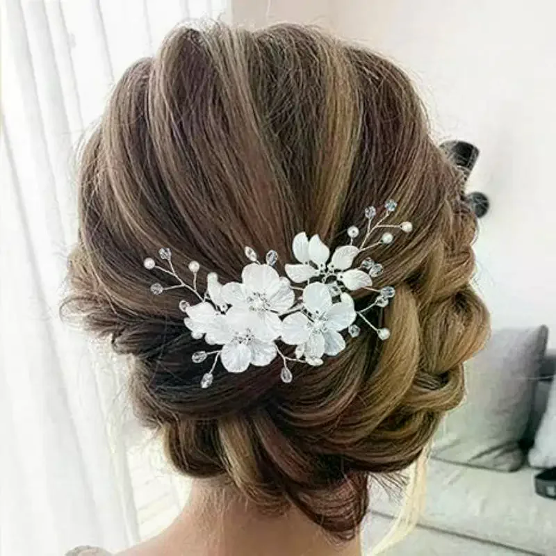 1Pcs Handmade White Headdress Crystal Pearl Flower Bridal Headwear Elegant Luxury Wedding Hairpin For Women