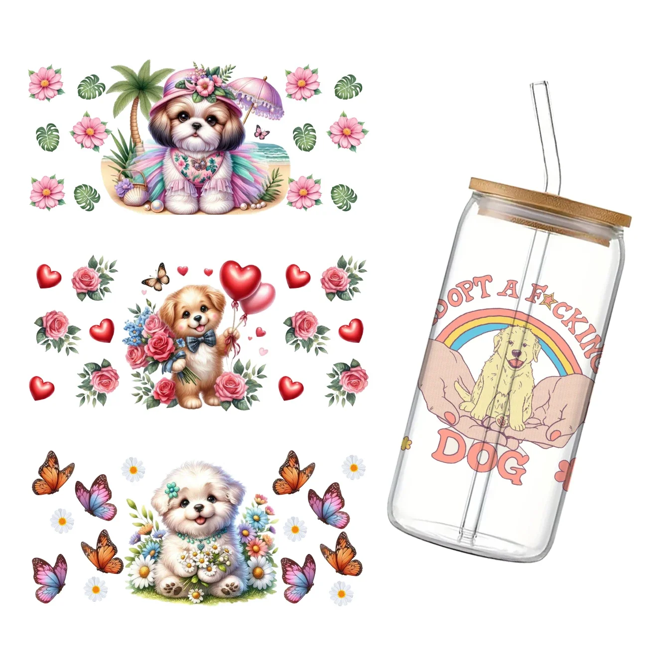 Pets Puppy For Libbey 11x24cm Cute 16oz Can Glass 3D Waterproof UV DTF Coffee Can Wrap Libbey Glass Wrap