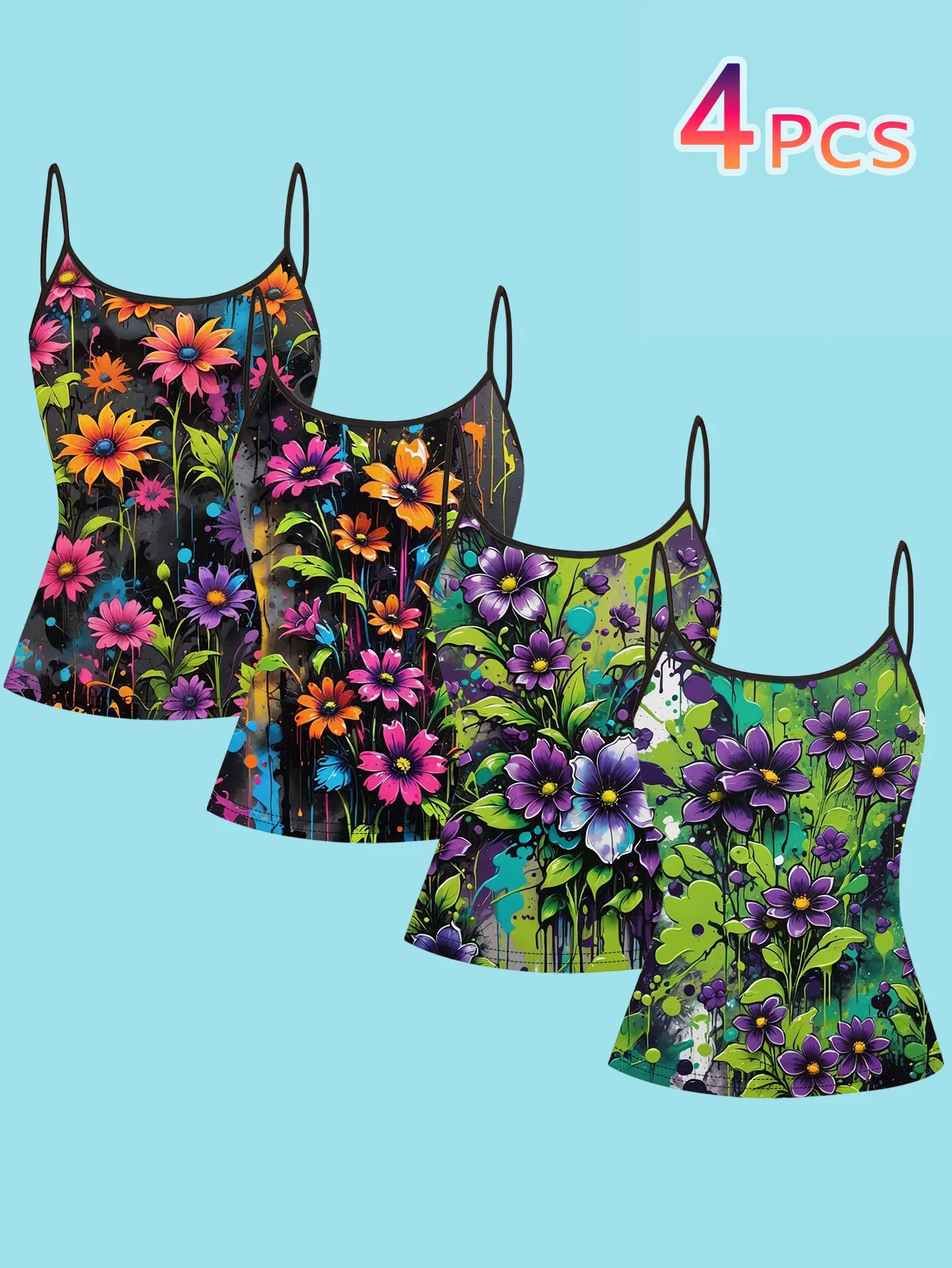 4-Piece Set of Women's Spaghetti Strap Camisoles with Street-Style Splash Ink Graffiti, Colorful Wildflower Plant Art Print, Slim-Fit Sleeveless Tops
