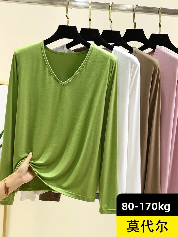 Modal longo sve camiseta feminina fina casual v-ne topo plus size emagrecimento base simples irt para o outono uso diário