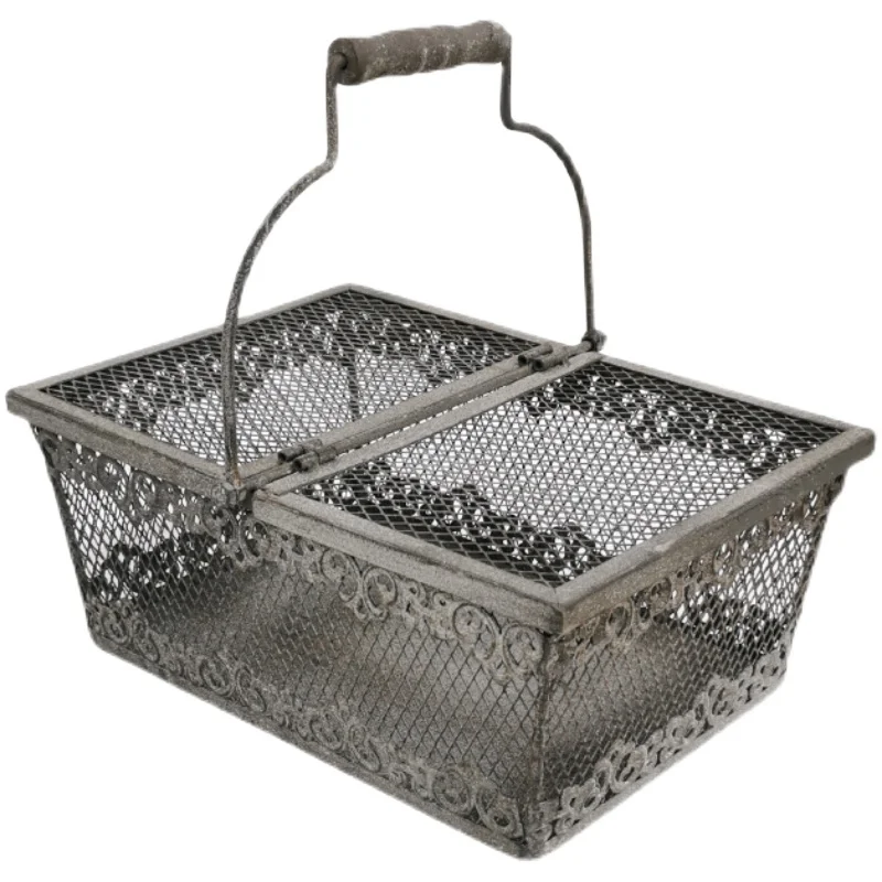 Vintage Metal Wire Storage Basket with Wooden Handle and Lid, Rustic Decor, Single Handle, Garden Tools Supplies Organizer