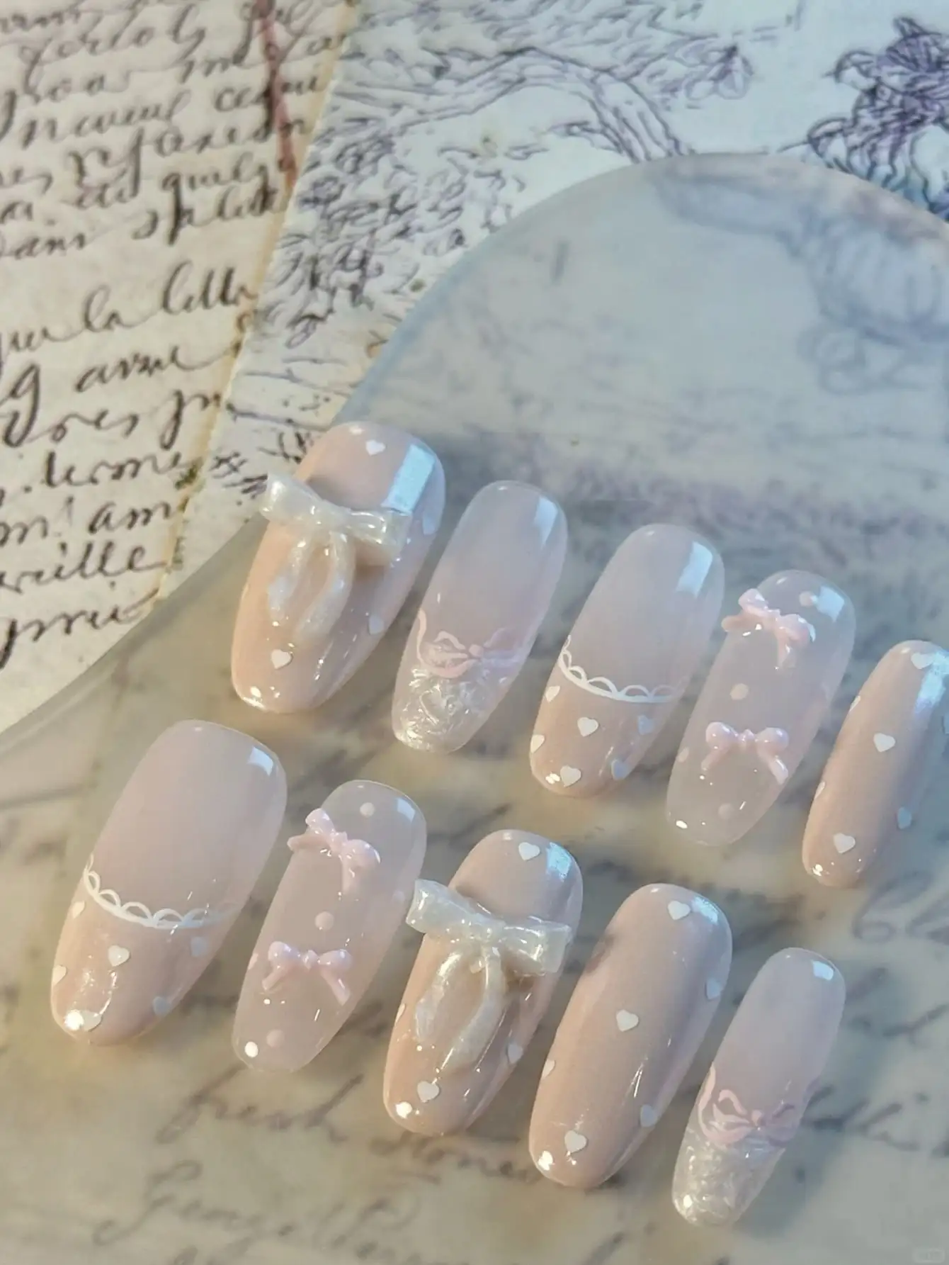 10-Piece Set of Girly Ballet-Style Nails, 3D Bow Decoration, Nude Pink Cat Eye, Heart Polka Dot Lace Design, Long Almond-Shaped False Nails, Gift for Girls
