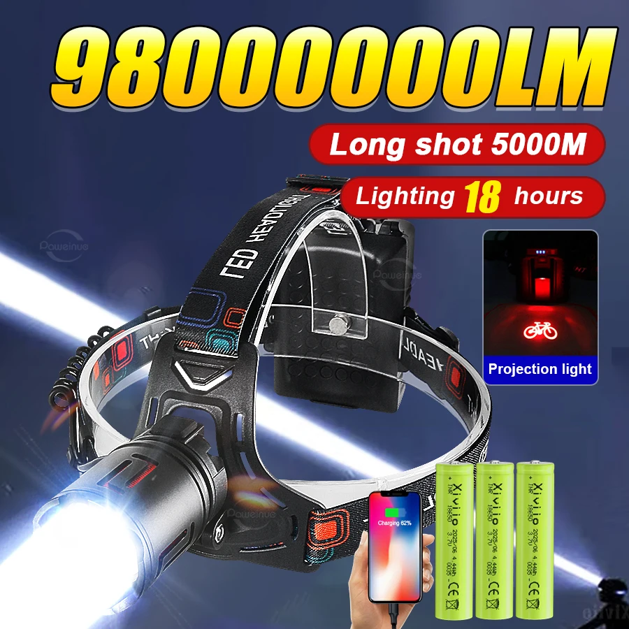 

9800000LM Powerful LED Headlamp 5000M Long Range Headlight Rechargeable Flashlight High Power Outdoor Head Lamp Fishing Light