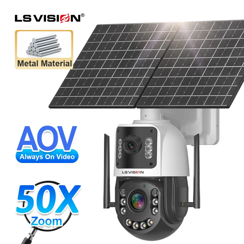LS VISION 20W 야외 태양광 CCTV 카메라 4MP 듀얼 렌즈 및 50배 줌 24/7 방수 배터리 PTZ 플러드라이트 4G AOV 카메라