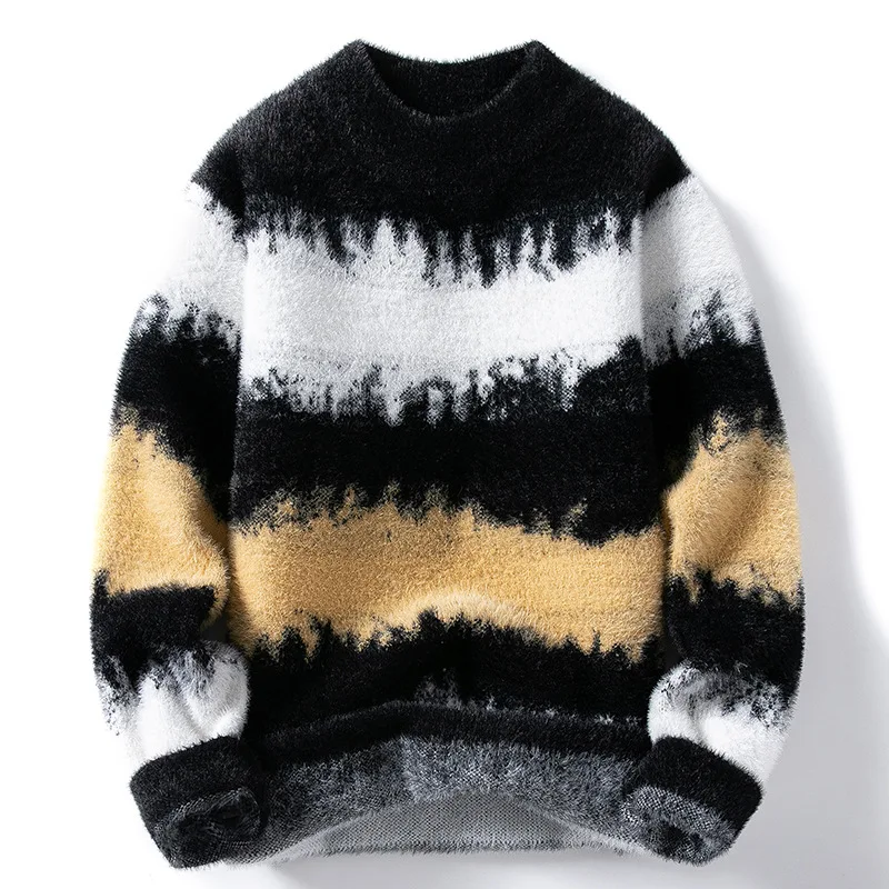 

2024 Men's Autumn Mink Fur Striped Sweater Wave Striped Color Matching Thermal Sweater