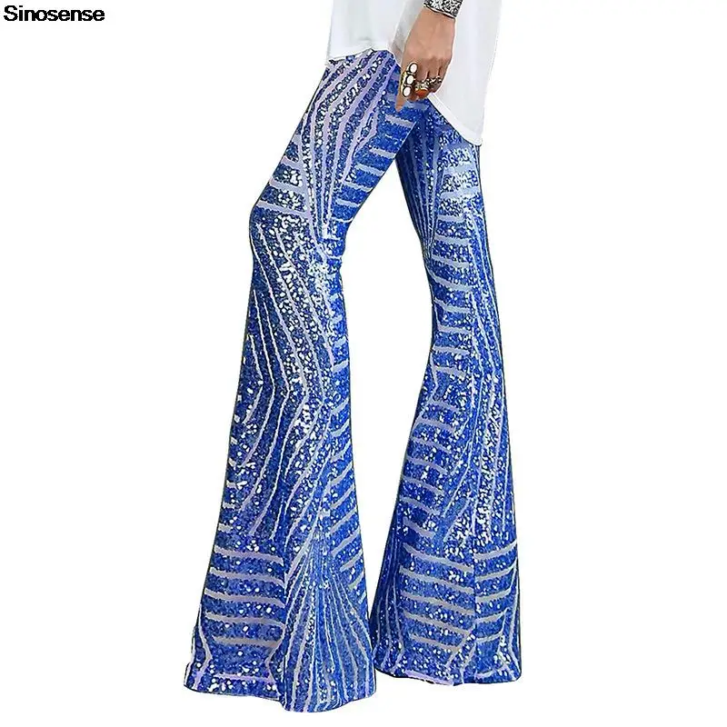 Damskie spodnie z cekinami z wysokim stanem Sparkle Bell Bottoms Trousers Glitter Wide Leg Flare Pants Party Night Clubwear Long Pants