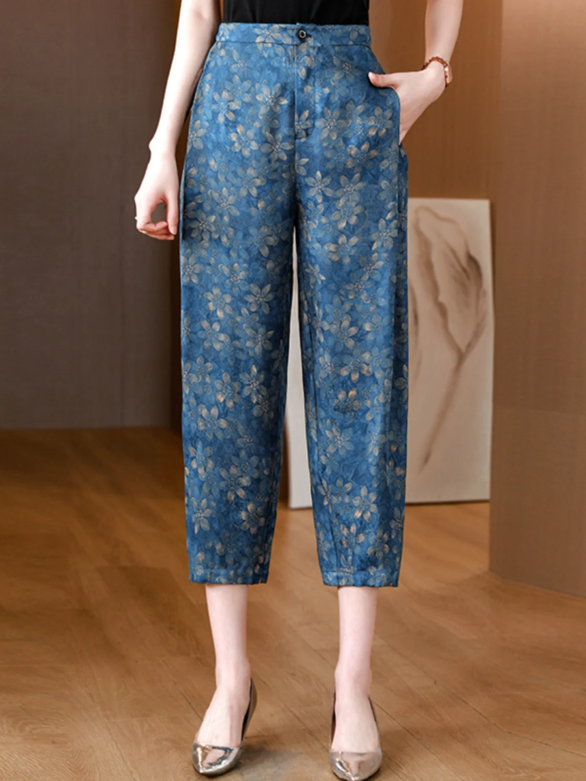 Pantaloni a carota in vita elastica Pantaloni lunghi slim fit con stampa in seta estiva Pantaloni casual a gamba dritta a vita alta da donna