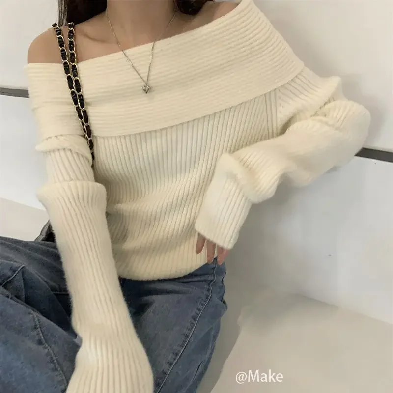 Elegant Sexy Long Sleeve Slash Off The Shoulder Pullovers Grey Sweaters Women Slim Chic Shirts Knit Outwear Clothes Autumn Lazy