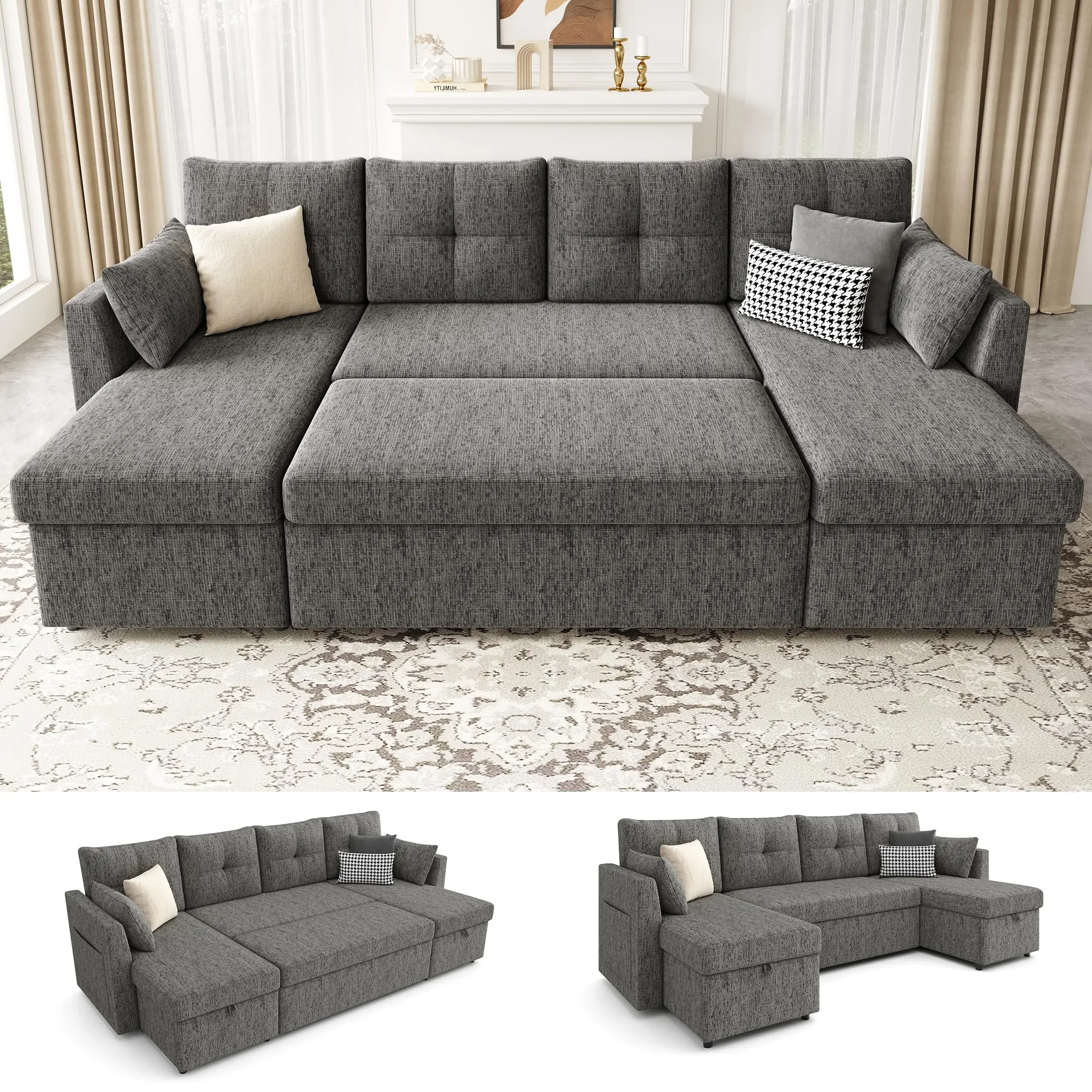 Oversized Sleeper Sofa Couch, Sectional Sofa Bed, Dark Grey