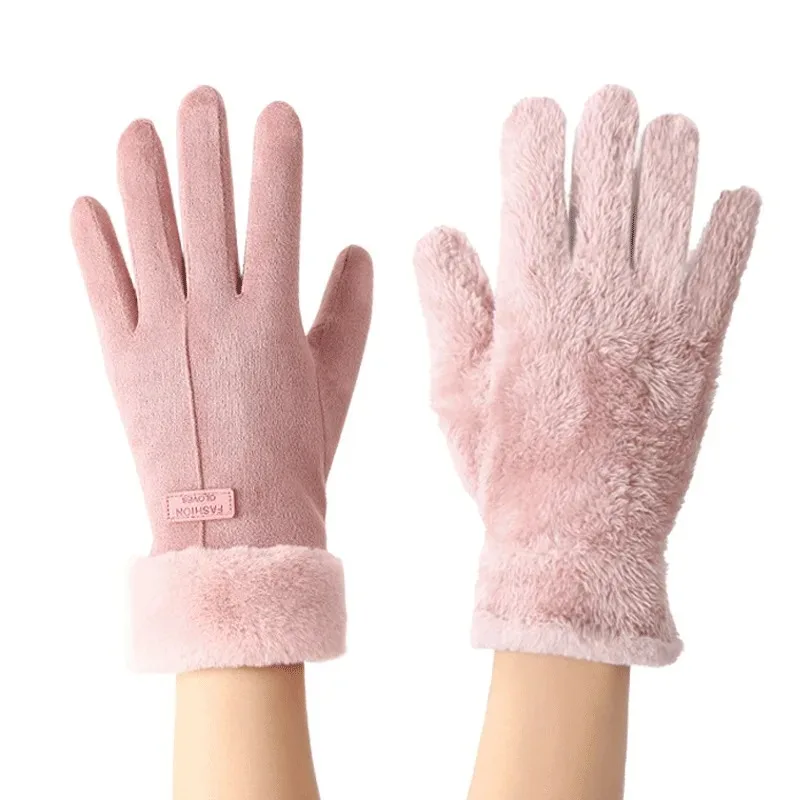 Guantes de felpa gruesos y cálidos para mujer, guantes de conducción con pantalla táctil sólida de gamuza a la moda, manoplas de ciclismo a prueba de viento para deportes al aire libre