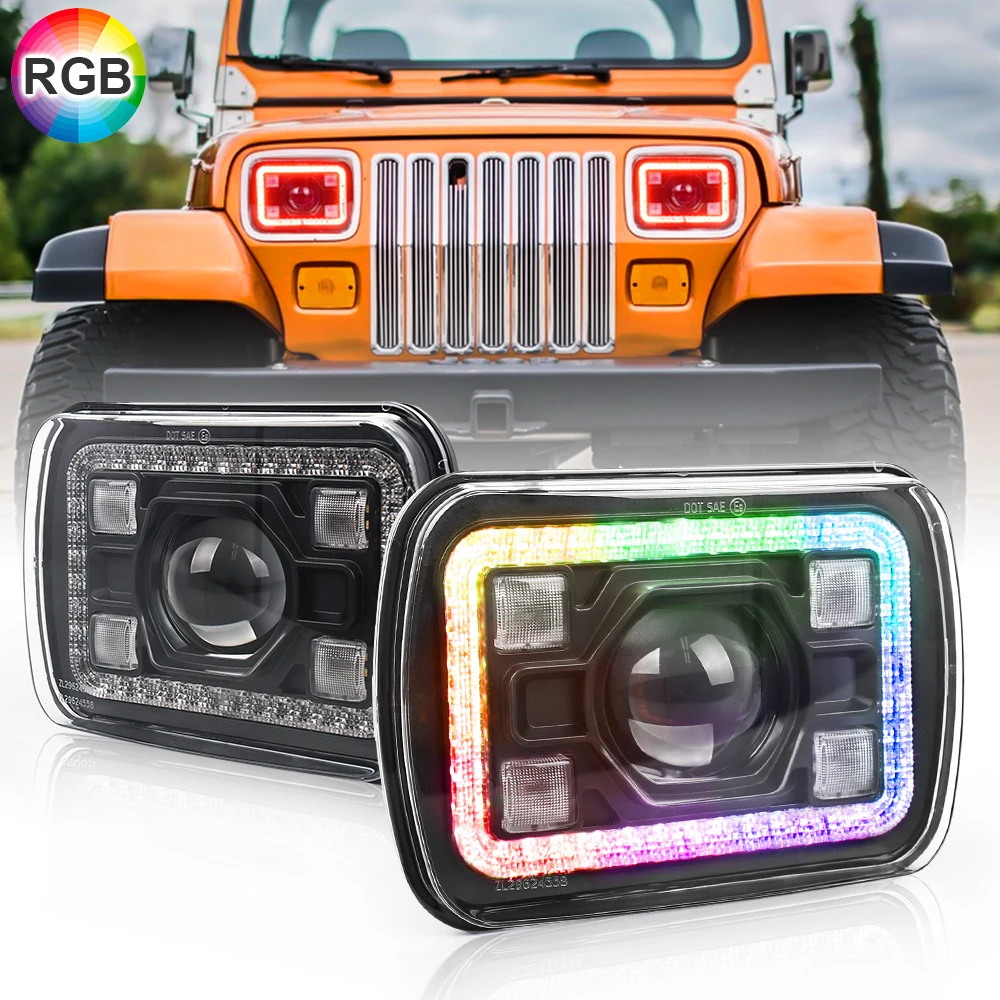 MOVOTOR 5x7 Inch RGB Halo Headlights with Amber Turn Signal Light White DRL Rectangular Headlamp For Jeep-Wrangler YJ XJ