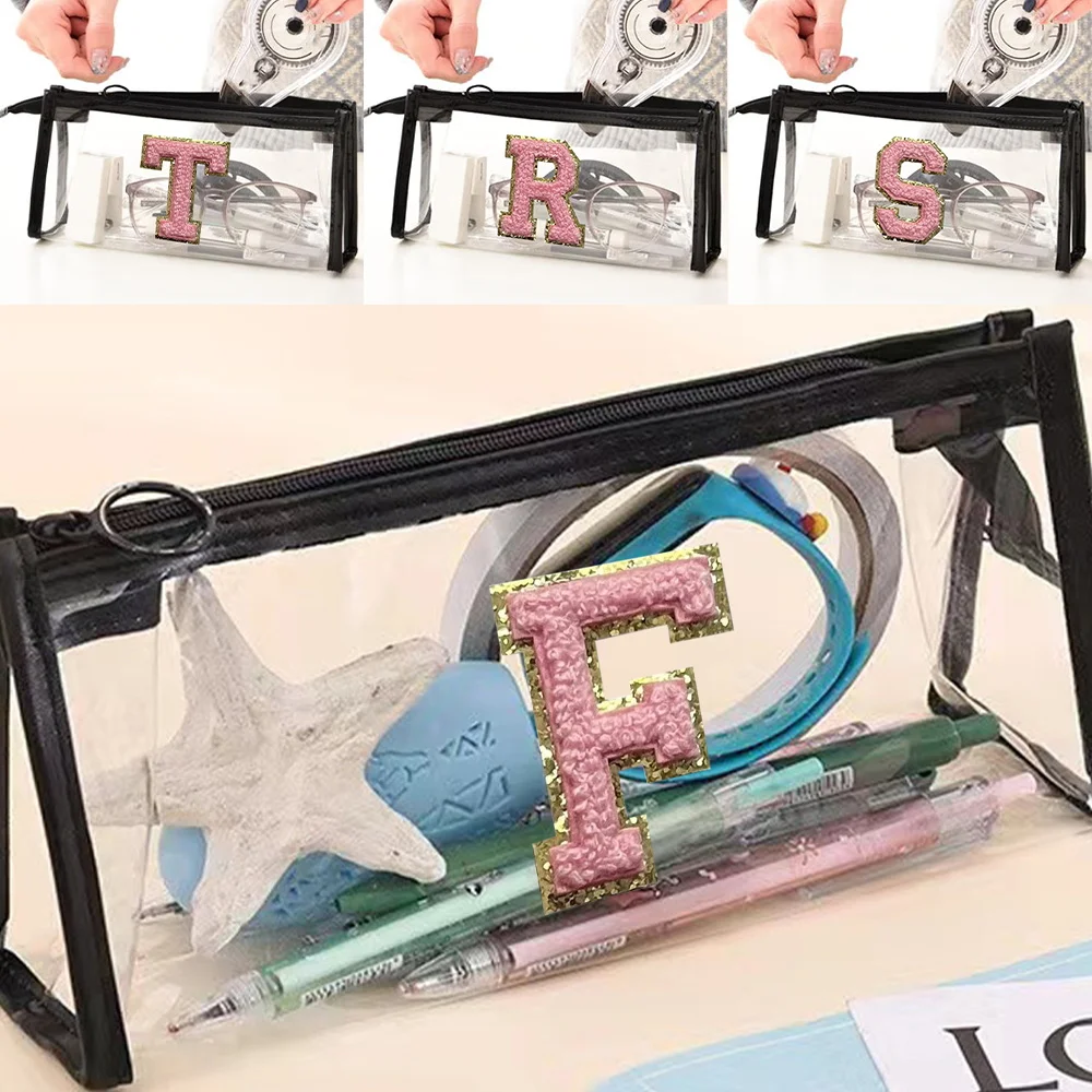 Student Stationery Pencil Box Lightweight Stationery Classification Storage Pink Letter Embroidered Label Transparent Pencil Box