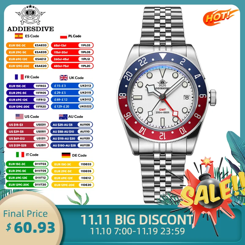 ADDIESDIVE GMT herren Uhr BGW9 Super Leuchtende Edelstahl Quarz Uhren 200m Wasserdichte Tauchen Uhr Relogios Masculino