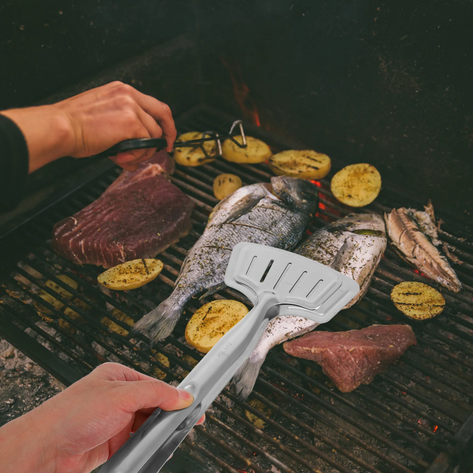 

2 in 1 Grip Flip Fish Spatula Tongs Stainless Steel Kitchen Barbecue Clamp Brot Clip Fried Steak Turner Fish Flipper Pancake