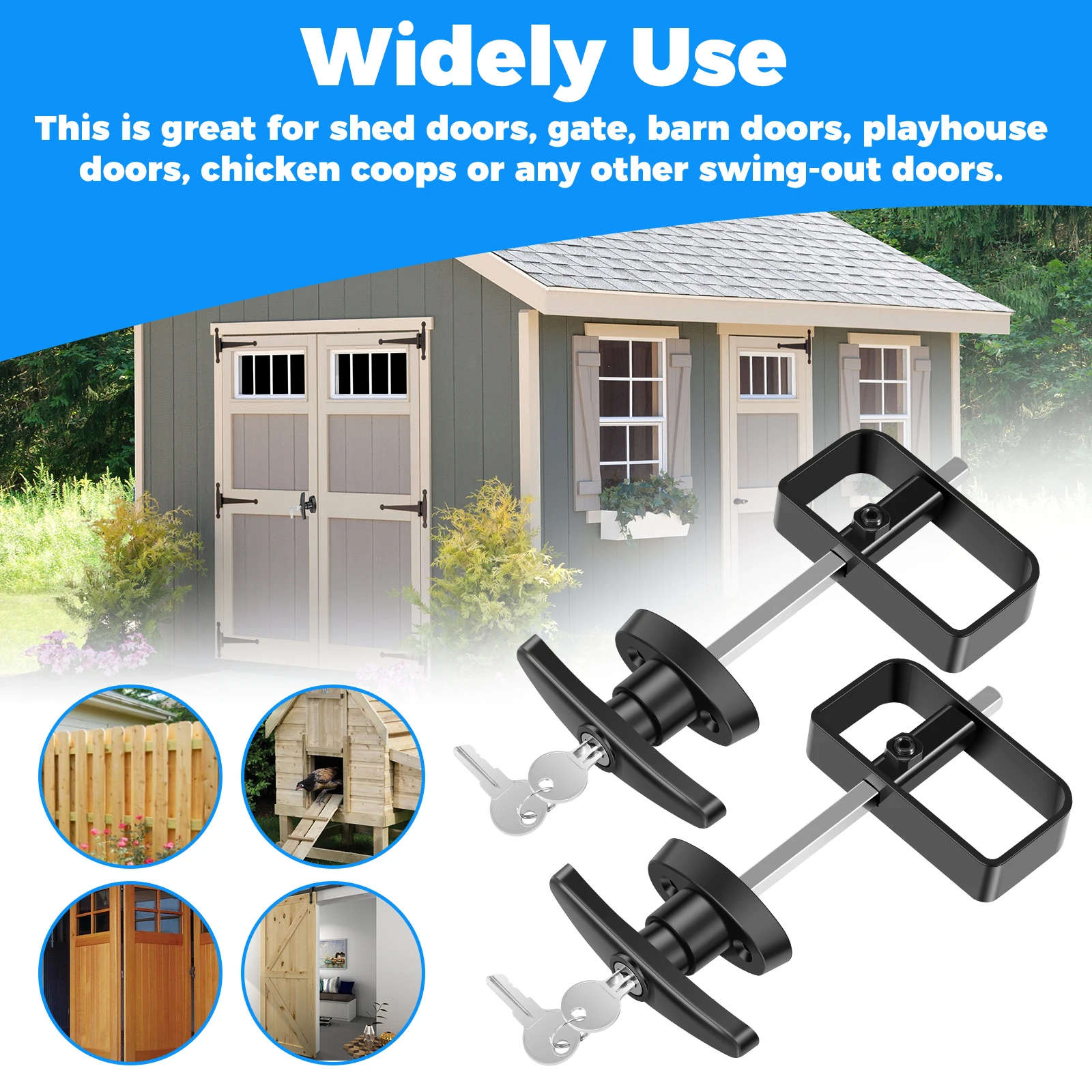 2PCS/Set Shed Door Latch T Handle Lock Kit with 4 Keys and 4 Screws 5-1/2inch Stem Lock Hardware for Shed Gate Barn Playhouse