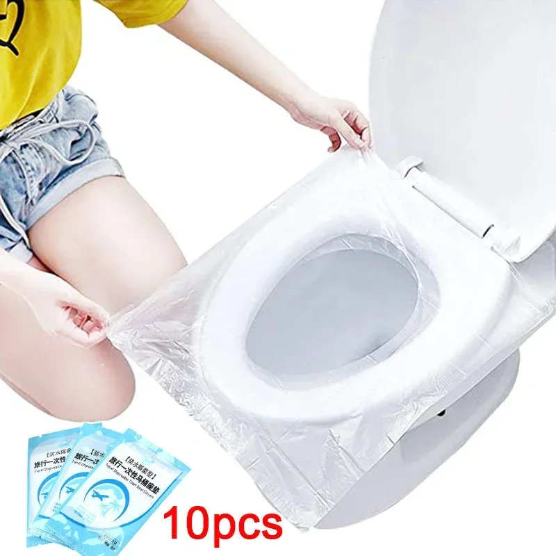10 adet tek kullanımlık plastik tuvalet oturağı kapak evrensel su geçirmez güvenlik seyahat kamp banyo aksesuarları Mat taşınabilir