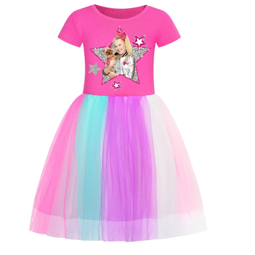 JOJO Siwa Kids Clothes Knee-Length Dresses Cute Cotton Gauze Full Dress Teenagers Cartoon Baby Girls Party Clothing