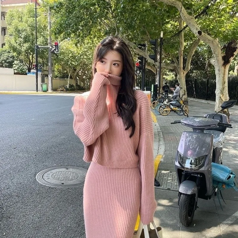 Women's Sets Autumn/Winter New Knitted Sweaters Turtleneck Pullover Suits Fashion Casual Dress   Two Piece Set Q772