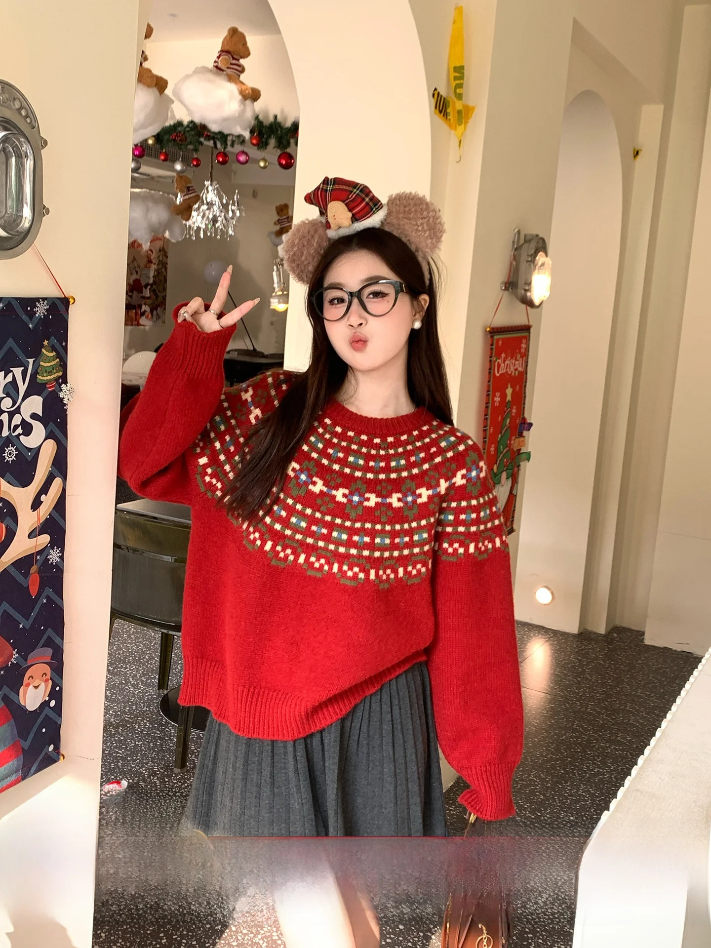 

Красный круглый вязаный свитер для женщин, внутренняя одежда, осенне-зимняя коллекция, новогодняя мода, теплый, с длинными рукавами