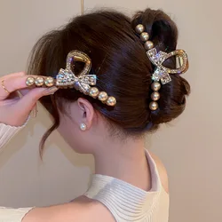 2024 Fashion Korean Edition New Pearl Crystal Bow Horse Tail Claw Clip Girl Hair Accessories