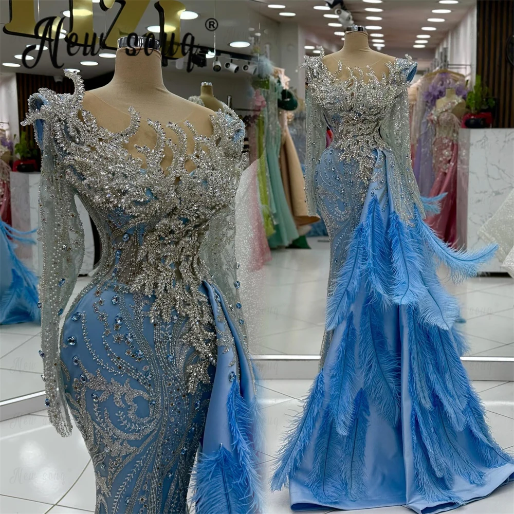 Luxuries azul pena vestido de baile manga longa 3d rendas vestidos de noivado de casamento vestidos elegantes para fiestas 2025 personalizado