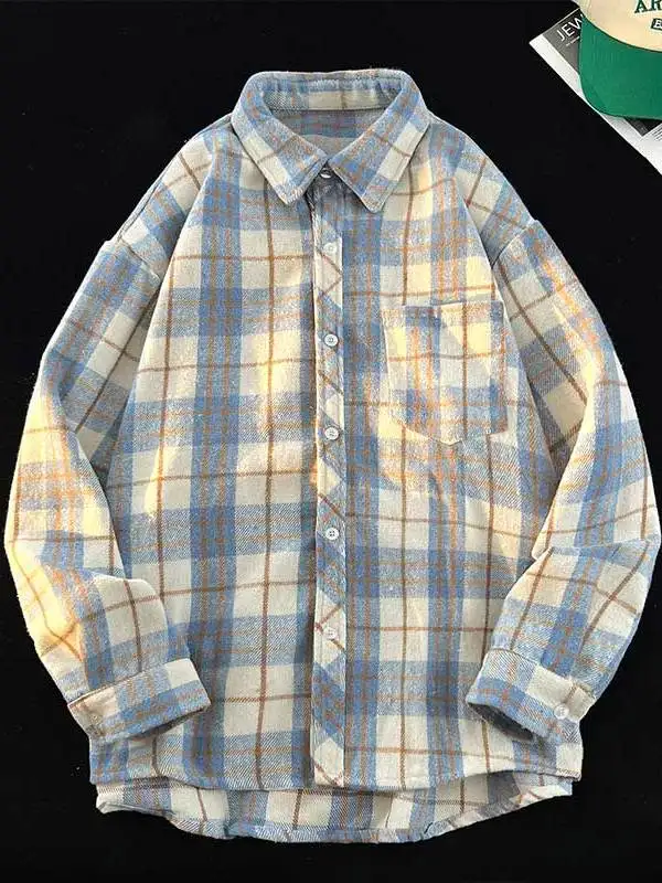 

Loose Men's Long Sve irt American Casual Faion Spring Autumn Light Blue Plaid Korean Version New Sle Polyester Fiber