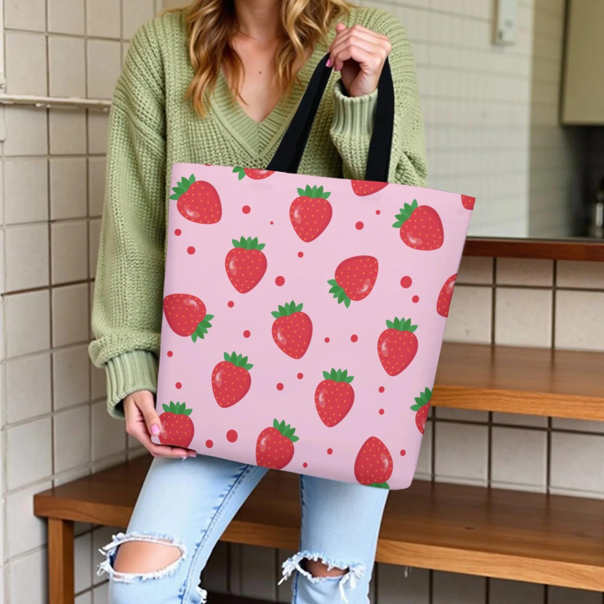 Pink Strawberry & Kawaii Aficionado Canvas Tote Bag Fruit-Themed Shoulder Bag for Women Ideal for Cute Style Fans & Sweet Looks