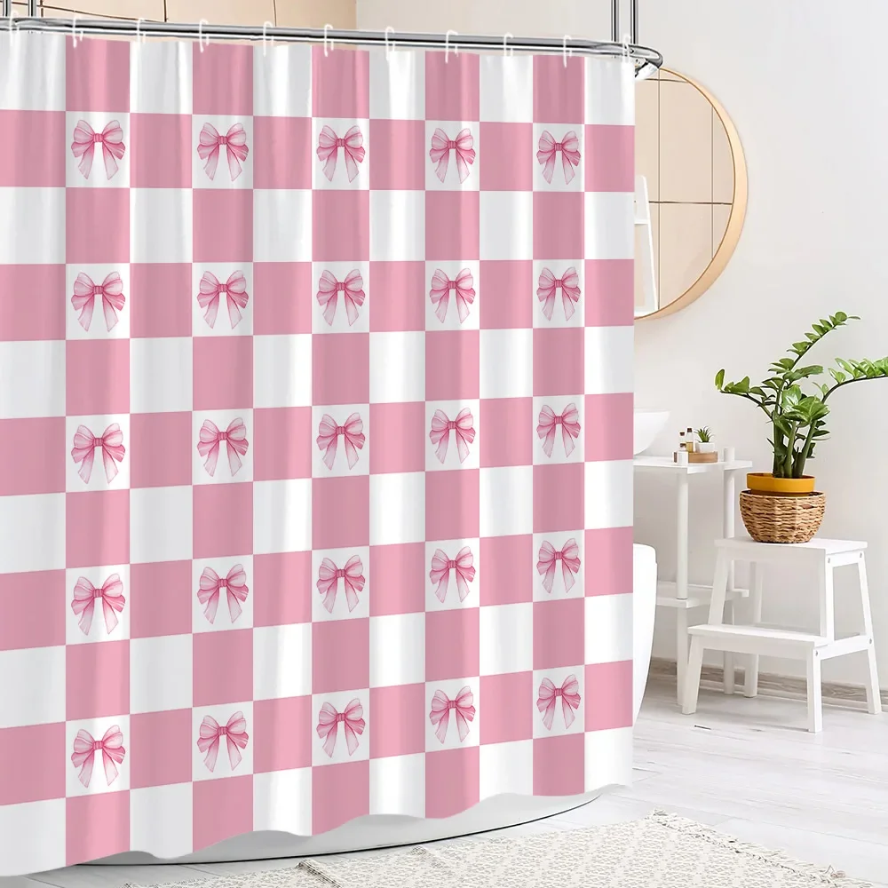 Pink Cute Bow Shower Curtain Fashion Stripe Plaid Girls\' Holiday Gift Polyester Fabric Shower Curtains Bathroom Decor With Hooks