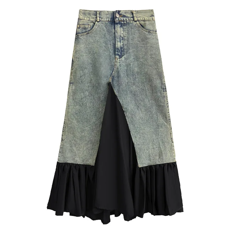 

Y2k Long Skirt Women Patchwork Denim Pleated Skirts Irregular A Line Pockets Vintage Distressed Washed Female 2025 Streetwear