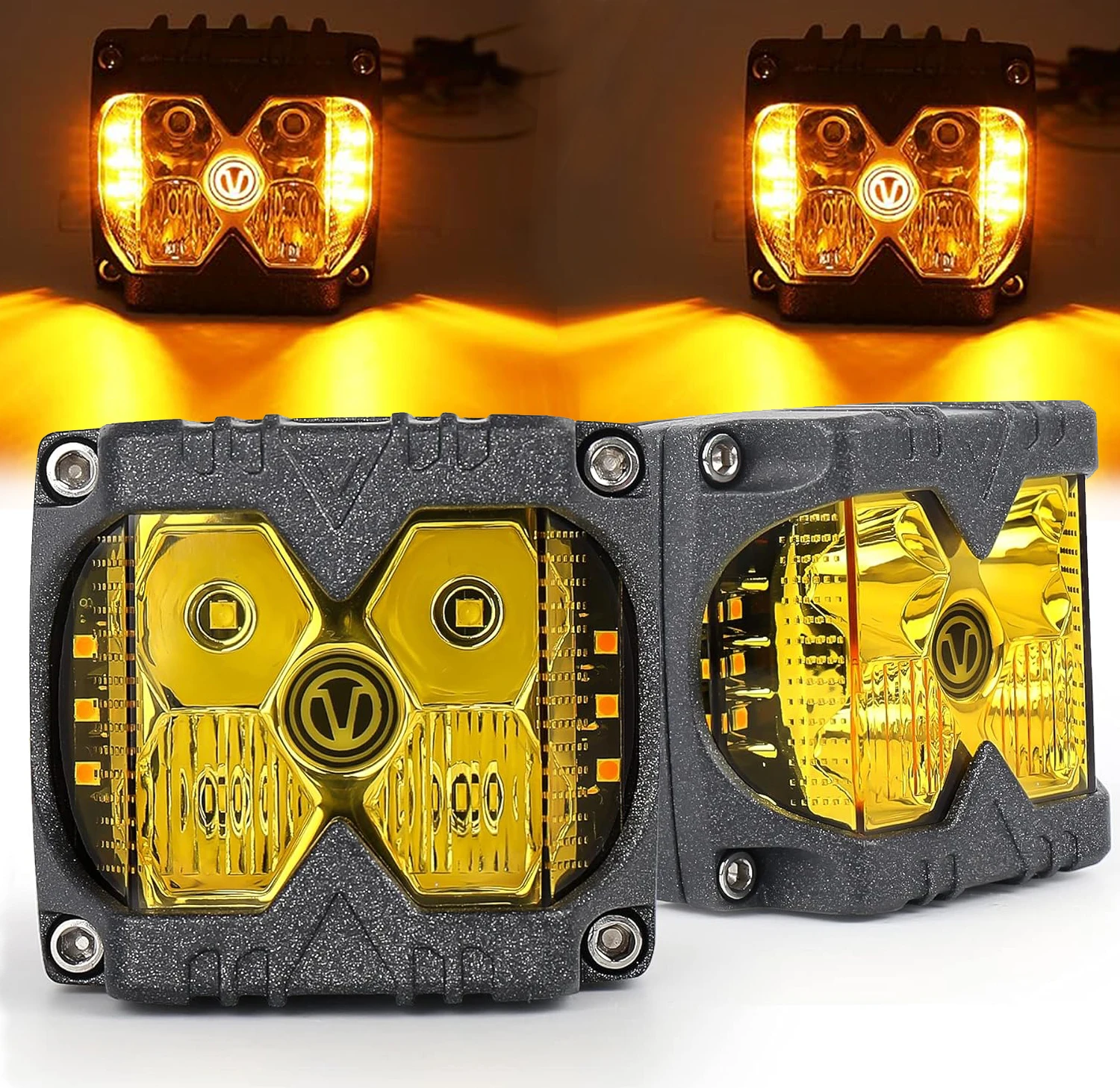 2Pcs Spot Flood Side Shooter LED Lights Yellow Solid And Strobe Function Separate Dual Side Driving Light Pods for Jeep Wrangler
