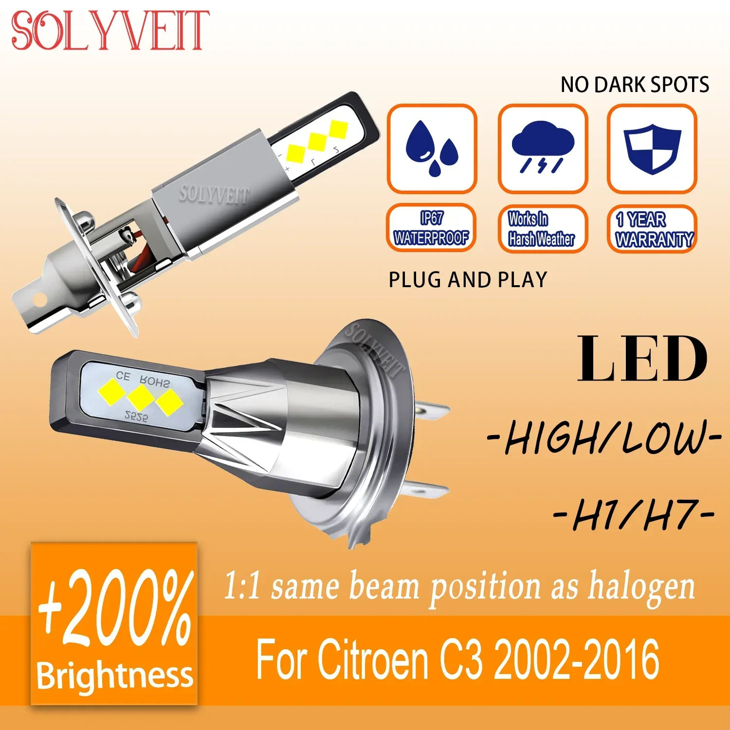 

Clear Beam Waterproof Design H1 H7 LED headlight high low beam For Citroen C3 2002 2003 2004 2005 2006 2007 2008 2009 2010-2016