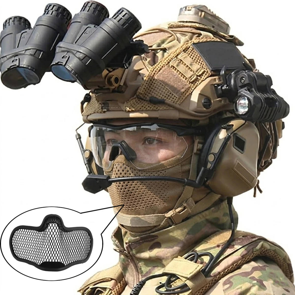 

Full Tactical Helmet Set Protective Mask with Steel Mesh Airsoft Headgear NVG Model Communication Headset Flashlight Gear Kit