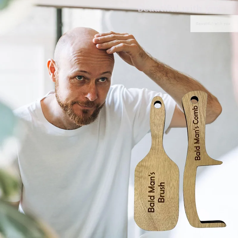 

2PCS Gag Hairloss Joke Gift For Bald Man Funny Wooden Hairless Combing Brush And Toothless Comb For Men Hair Loss Christmas Gift