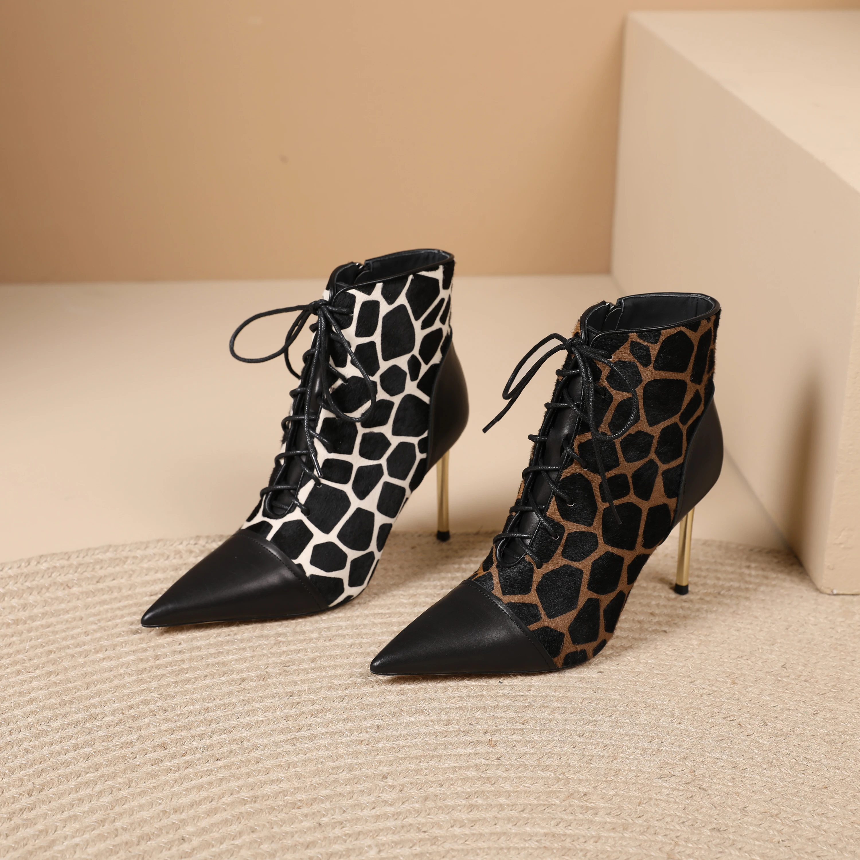 

Women Customized Version Handmade Genuine Leather Splicing horsehair Ankle boots Pointed Toe Leopard High Heels Elegant Pumps