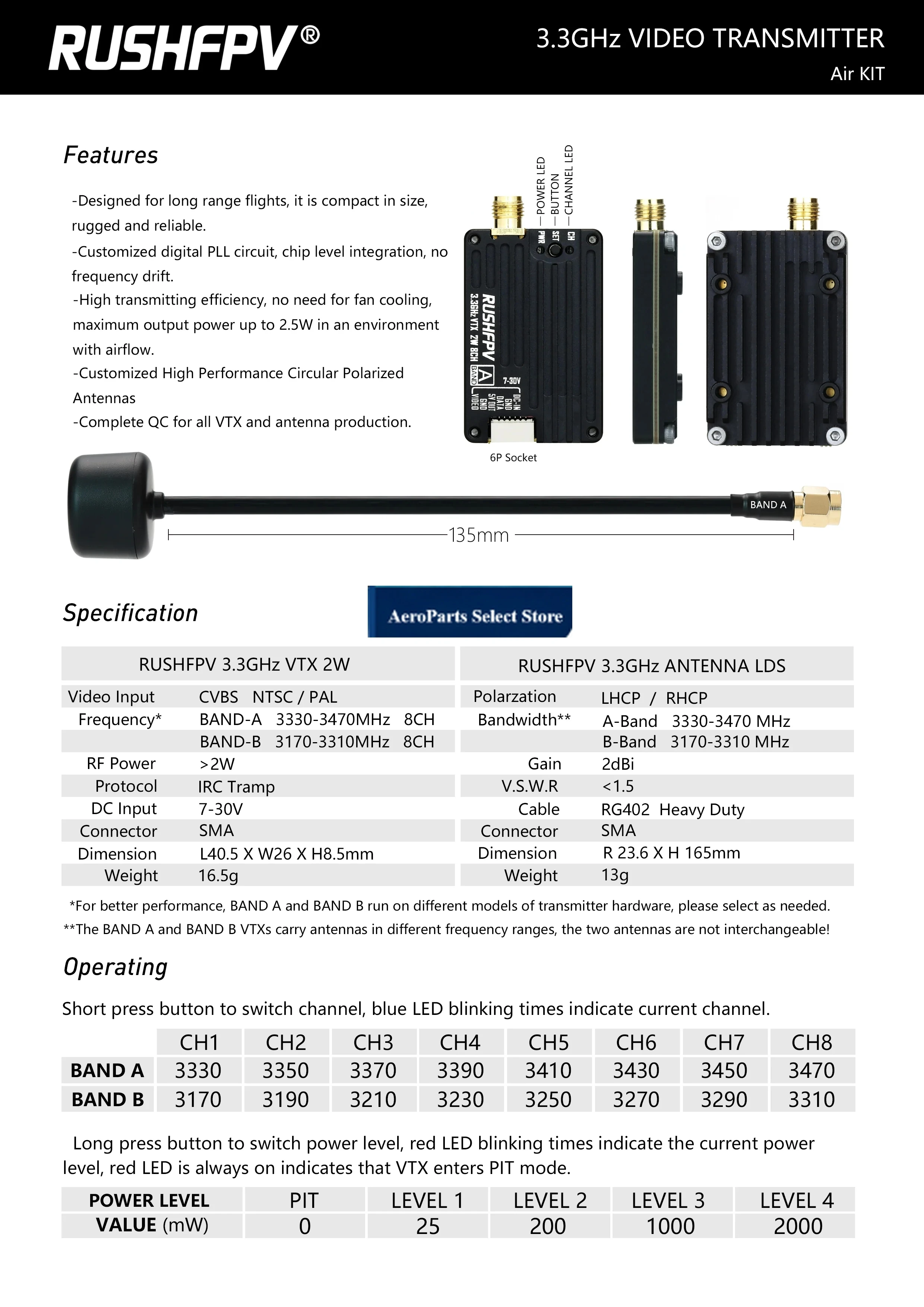 APartsRUSHFPV 3.3GHz 2W VTX with RHCP SMA Circular Polarized Antenna Supports For IRC Tramp Protocol for FPV Long Range Drone Ra
