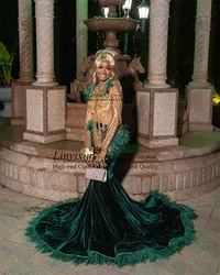 Luxury Beaded Crystals Mermaid Prom Dress Long Green Velvet Evening Party Gown Birthday Gala Black Girls Robe De Soiree