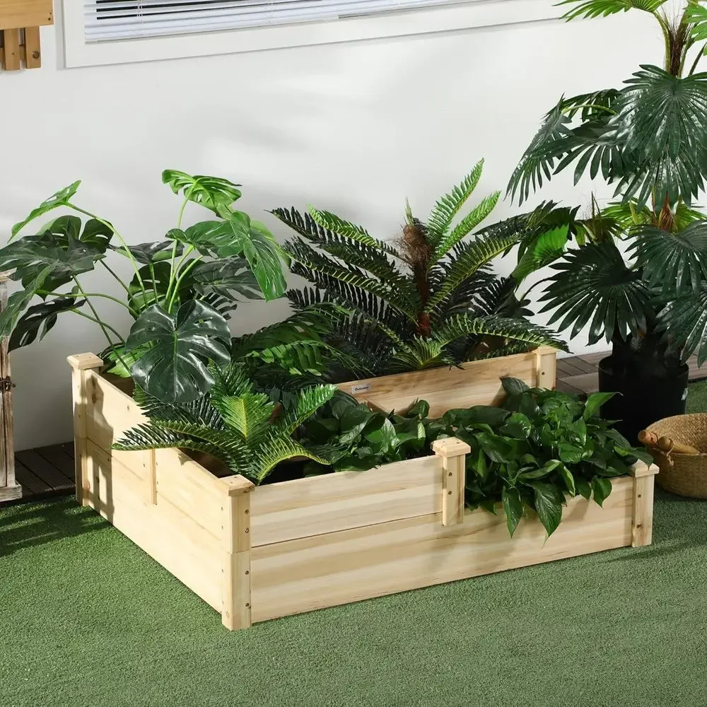 3-Tier Wooden Garden Planter, Raised Bed for Vegetables, Herbs, Flowers, 42.5 x 34.75 x 14.25, Natural Finish