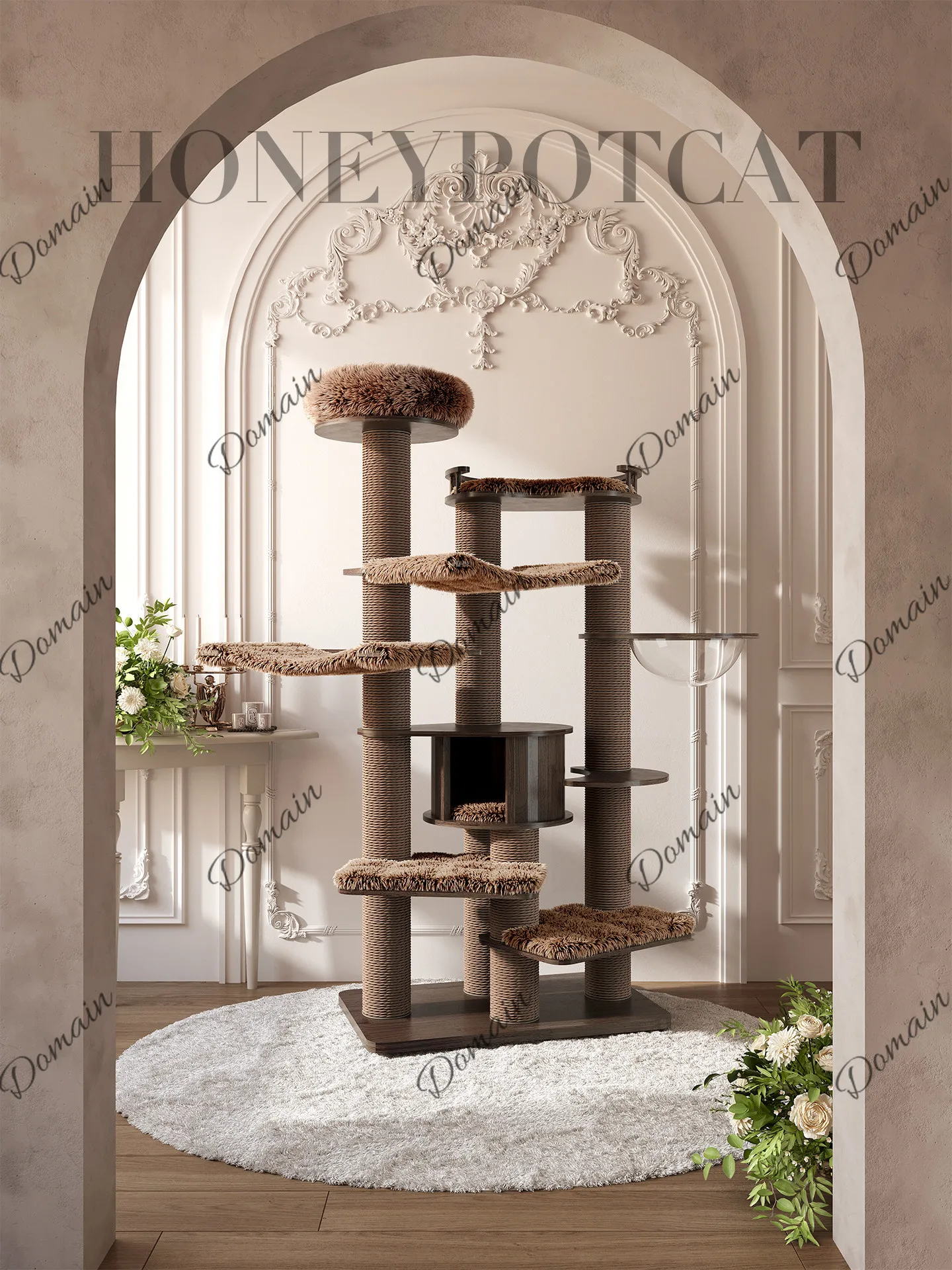 Solid wood cat climbing frame for big cats, large multi-layer cat frame, black walnut color spray paint