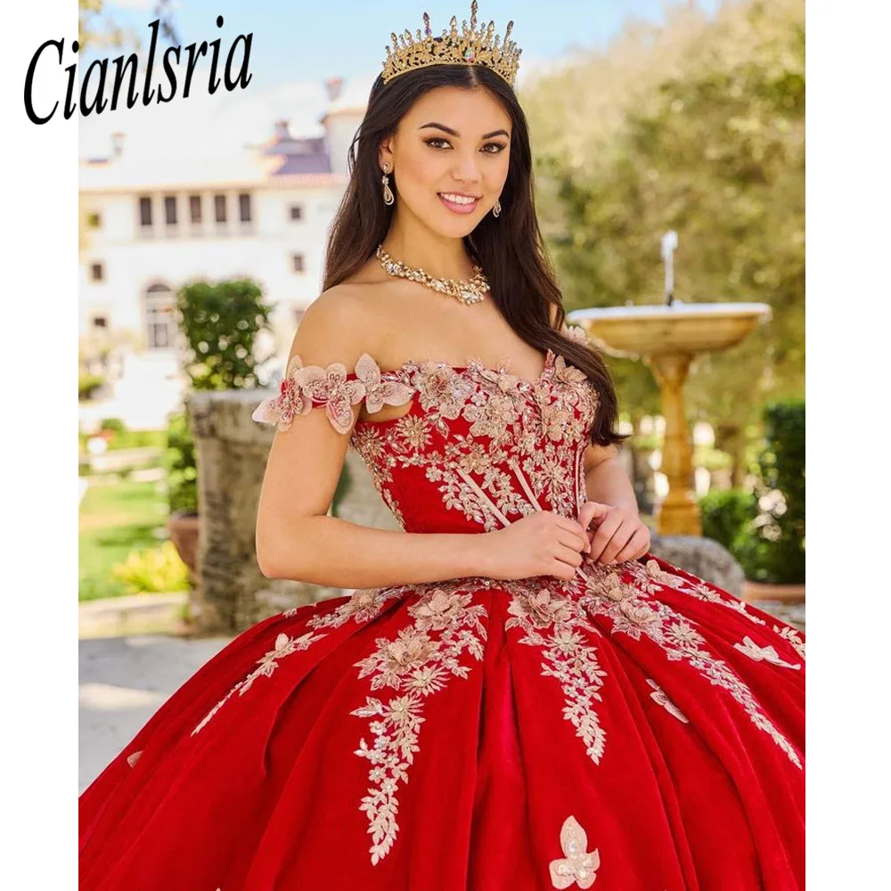 فساتين Quinceanera الزهور الحمراء ثلاثية الأبعاد للفتيات الحلو الأميرة الكرة ثوب يزين التخرج حفلة موسيقية فستان Vestidos De 15 Años