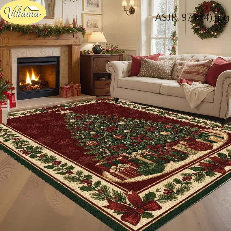 VIKAMA Christmas Tree Gift Box Rug, Easy-To-Clean Living Room Floor Mat, Festive Party Decoration Rug, Home Decoration