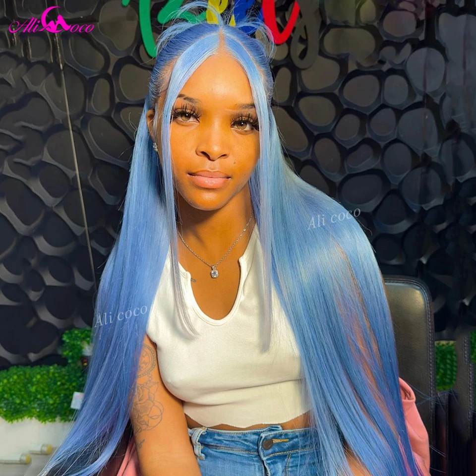 Wig rambut manusia lurus biru Haze untuk wanita Wig rambut manusia depan renda biru muda Wig biru renda Frontal HD Wig biru renda transparan