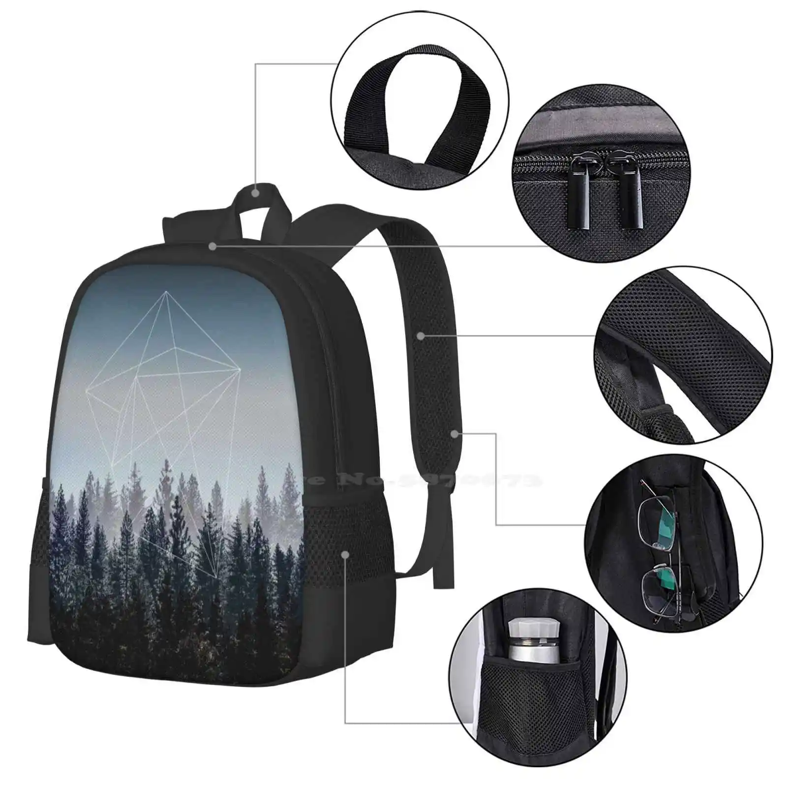 Mochila Escolar de Grande Capacidade, Forma de Silhueta de Floresta Geométrica, Natureza Céu, Natureza Minimalismo, Bosques, Geometria Laptop Bags