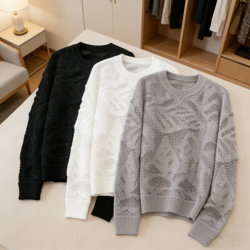 2026 Spring and Summer New Linen Sequin Hollow Crewneck Knitted Long-sleeved Top for Women