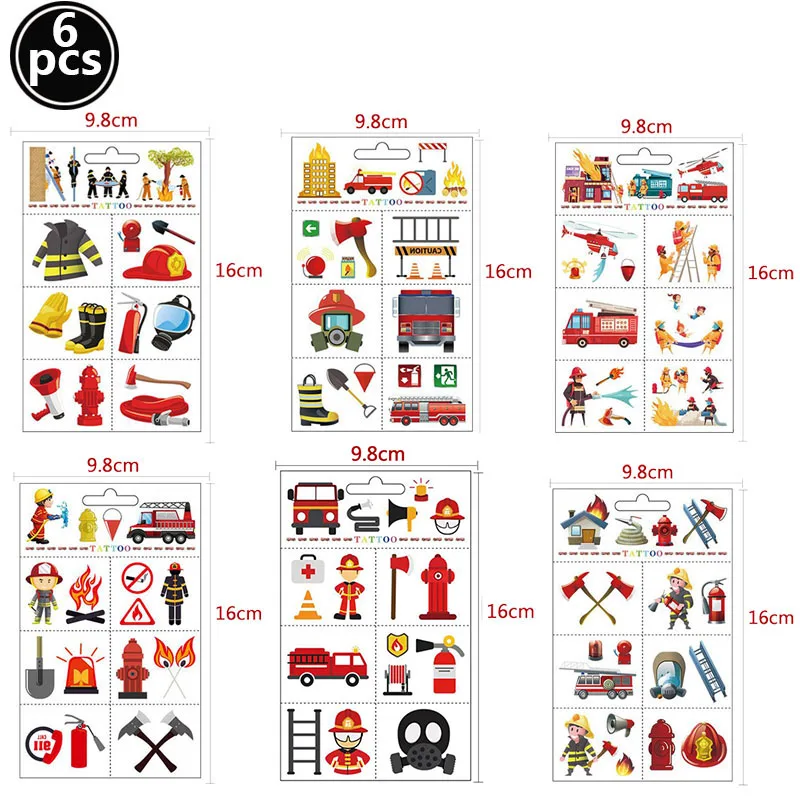 6 Sheets/set Fire Birthday Decorations Temporary Tattoo Stickers Fireman Sammy Firetruck Decor Fire Theme Party Supplies